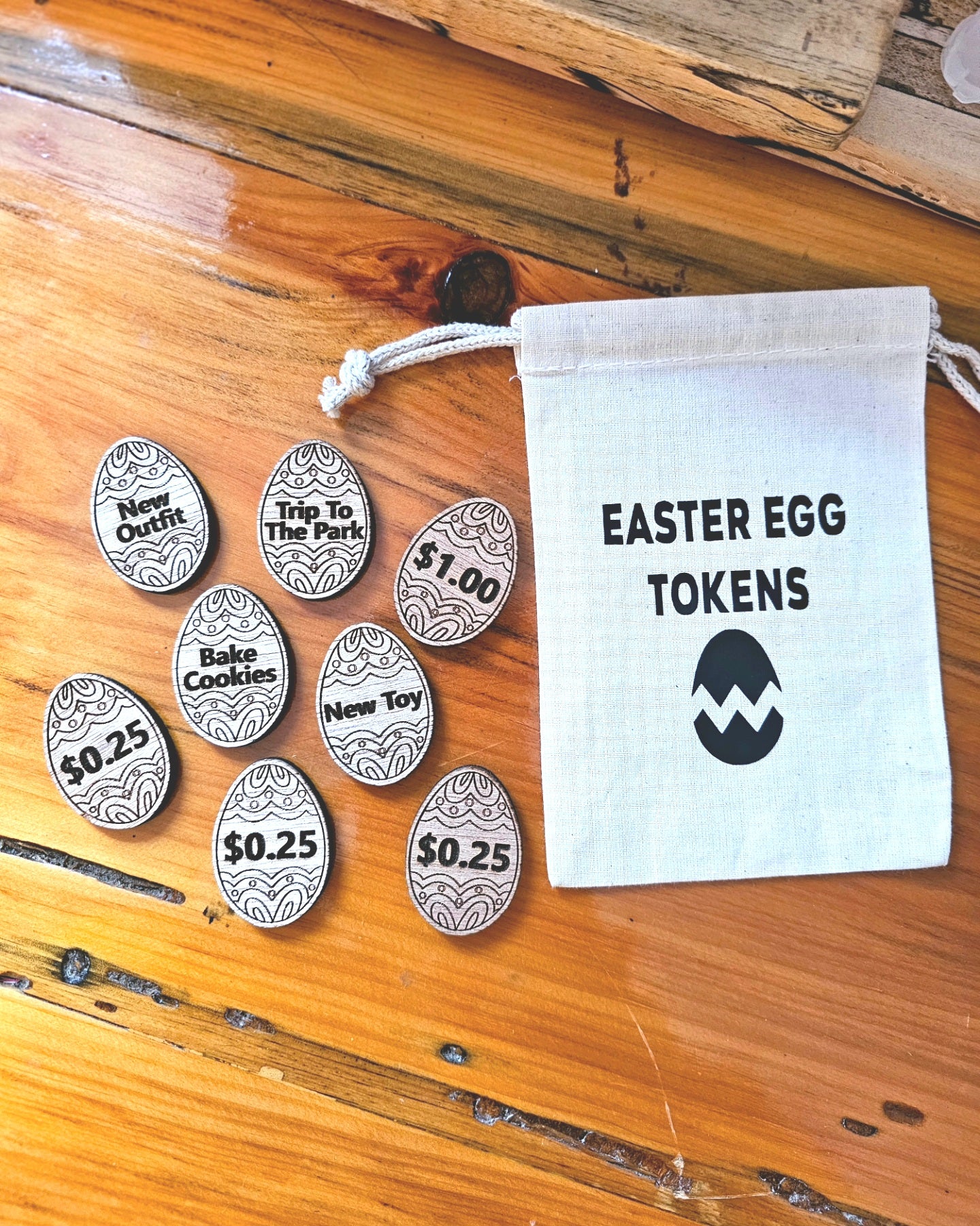EASTER EGG TOKENS. wood. reusable. eco friendly. fun. Gifts, Easter bunny. Easter egg hunt. Egg stuffers.