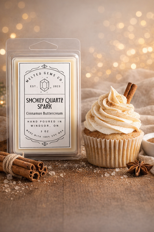 Smokey Quartz Spark | Cinnamon Buttercream Soy Wax Melt - Warm Bakery Scent | Highly scented Handmade Wax Melts. Melted Gems Co. Gifts - Home.