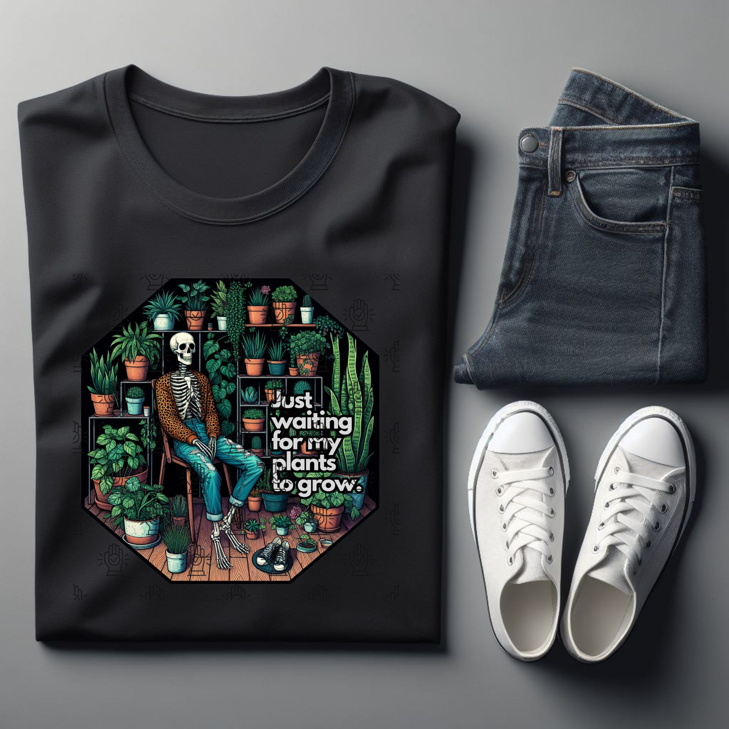 UNISEX Black foral skeleton plant tshirt. Just waiting for my plants to grow. Trending. Plant lover. Plant parent.